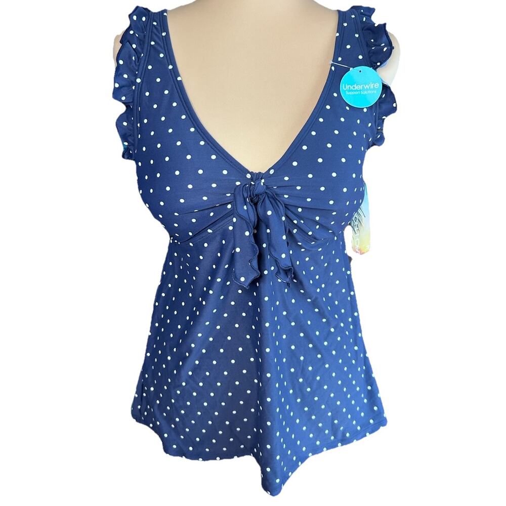 Beach House Navy White Polka Dot Underwire Ruffle Tankini Top Sz 12 Pin Up Retro